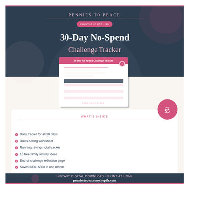 30-Day No-Spend Challenge Tracker — Printable PDF Kit | Pennies to Peace